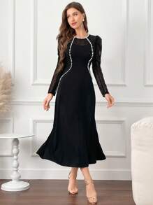 Modelyn Vestido feminino com decote redondo e contraste de renda e manga gigot, roupa maxi feminina, vestidos longos de noite - Preto - Ver 7