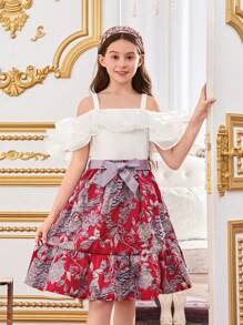 SHEIN 2pcs Tween Girls' Lovely Layered Ruffle Sleeve Top And Jacquard A-Line Skirt Set - Red - View 3