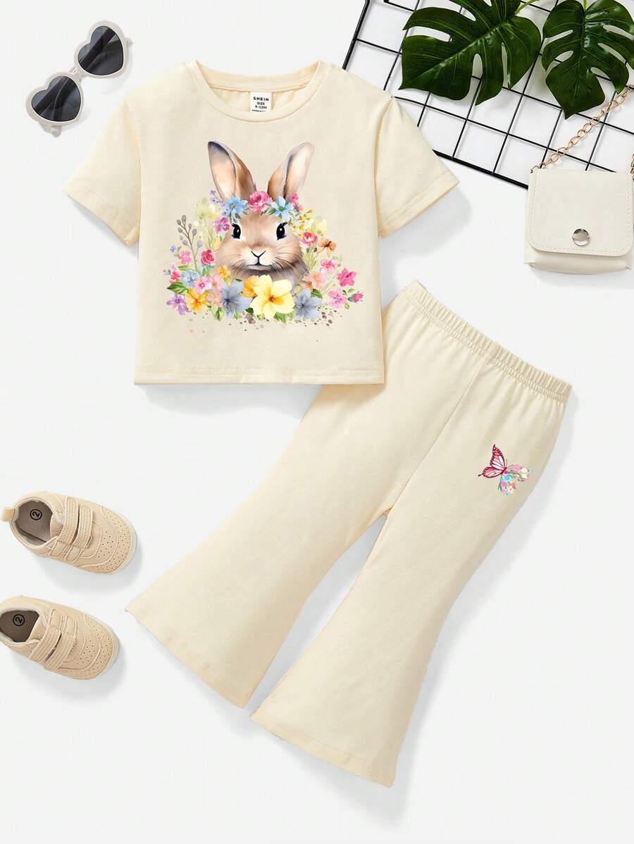 Conjunto de camiseta con mangas cortas y pantalones acampanados para niña bebé con patrón de conejo y flores, diseño casual y sencillo, adecuado para primavera y verano - Beis - Ver 1
