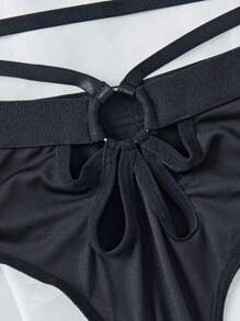 Cut Out Ring Linked Bra & Panty Lingerie Set - Black - View 3