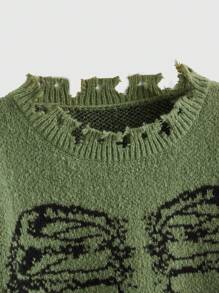 ROMWE Fairycore 骷髏圖案破洞毛衣 - 綠色 - 查看 3