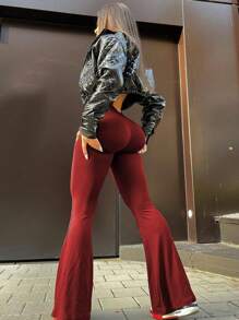 INAWLY Mono De Mujer De Manga Larga Con Cuello Redondo Y Espalda Hueca - Rojo - Ver 4