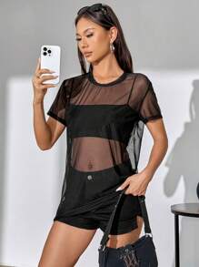 SHEIN Unity Women's Round Neck Short Sleeve Mesh Top - Black - View 6