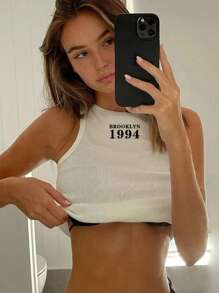 INAWLY Women's Letter Printed Crop Top Tank Top For Summer Graphic Tees Women Tops