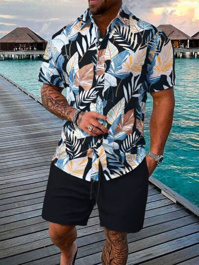 Manfinity RSRT Men's Tropical Plant Printed Short Sleeve Shirt And Shorts Set, Cozy Outfits