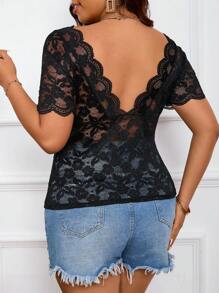 SHEIN Frenchy Plus Size Women's Lace Backless Top - Black - View 1