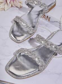 SHUZIA Women's Casual Flat Sandals With Rhinestone Decoration - Silver - View 2