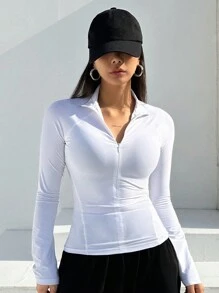 DAZY 女式纯色立领拉链开襟长插肩袖T恤长袖女式上衣 - 白色 - 查看 4