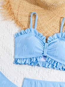 Tween Girl Palm Tree Flocked Bikini Set With Scallop Trim, Bathing Suit Beach Outfit Summer Vacation Summer Beach - Blue - View 3