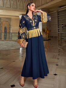 Al Najma 厚重手工水钻刺绣长袍，朴素全长长袍，优雅奢华晚会风格 - 藏蓝色 - 查看 1