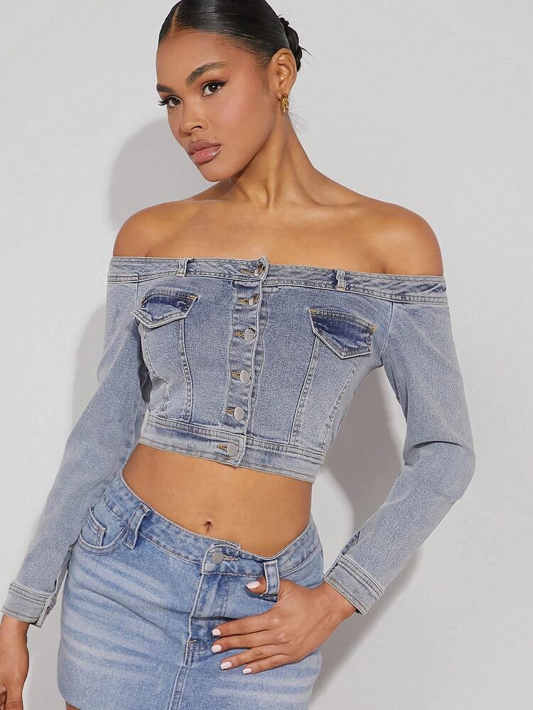 Off Shoulder Button Crop Long Sleeves Denim Top