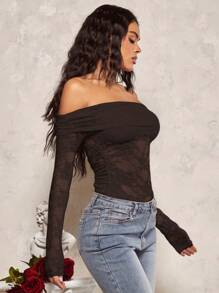 SHEIN x Carly Lawrence SHEIN BAE Sexy See-Through Lace Splicing Off Shoulder Long Sleeve T-Shirt For Romantic Valentine's Day Date,Ladies Sexy Ruched,Sheer Regular Sleeve Off The Shoulder Slim Fit Coffee Brown Plain Women Tops,Spring/Fall,Casual Daily Wear