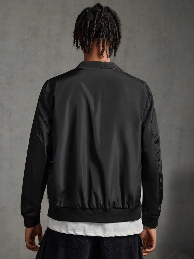 Men's Woven Leisure Color-Blocked Zipper Front Jacket With Letter Print, For Fall Winter