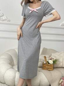 Short-Sleeve Pajama Sleepwear Dress With Splicing Lace Bow Decoration