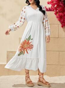 Mulvari Robe Grande Taille Pour Femme À Manches Lanterne Et À Col V Imprimé Floral