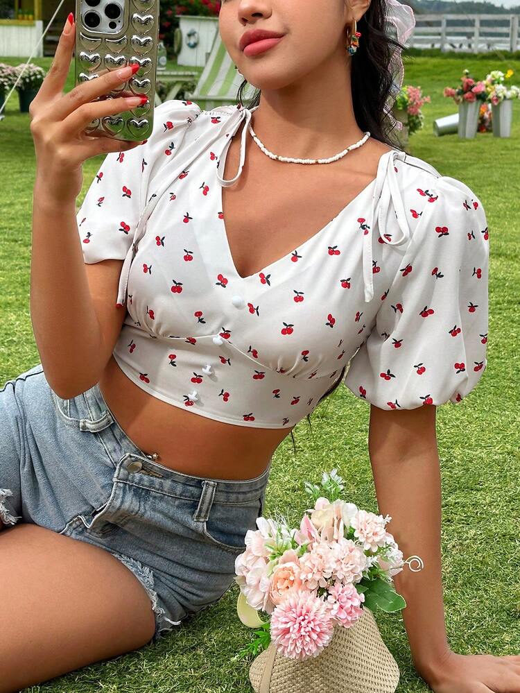 Cherry Print V-Neck Cropped Shirt