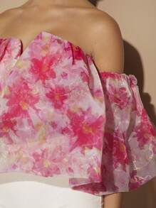 L'Amorae Off Shoulder Floral Organza Top - Pink - View 6