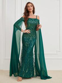 Vestido de manga larga con hombros descubiertos y bordado de lentejuelas - Verde Oscuro - Ver 2