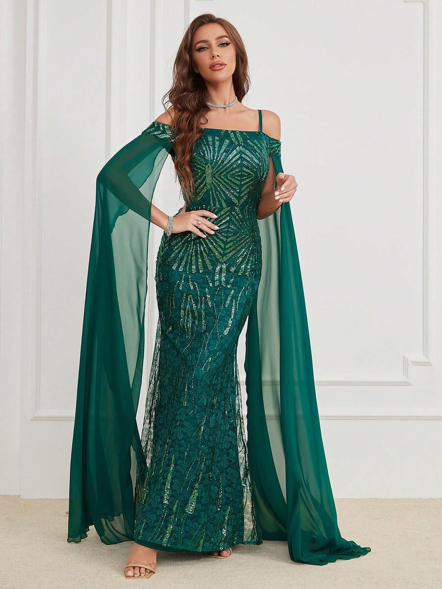 Vestido de manga larga con hombros descubiertos y bordado de lentejuelas