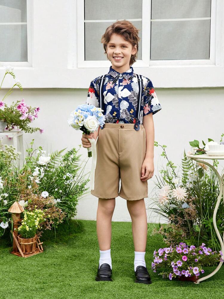 2pcs/Set Tween Boys' Formal Elegant Pattern Short Sleeve Shirt With Detachable Suspenders Shorts Set