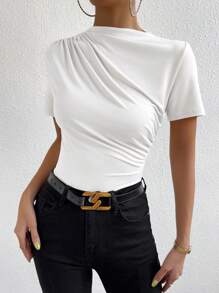 Allurite Solid Color Slim Fit T-Shirt With Stand Collar And Pleats Detail - White - View 4