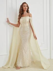 Women's Off-Shoulder Sequin Patchwork Mermaid Dress - Apricot - View 6