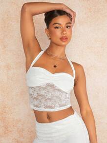 SHEIN BAE 夏季海滩度假露背蕾丝上衣、可爱夏季上衣、比基尼上衣、音乐节服装 - 白色 - 查看 1