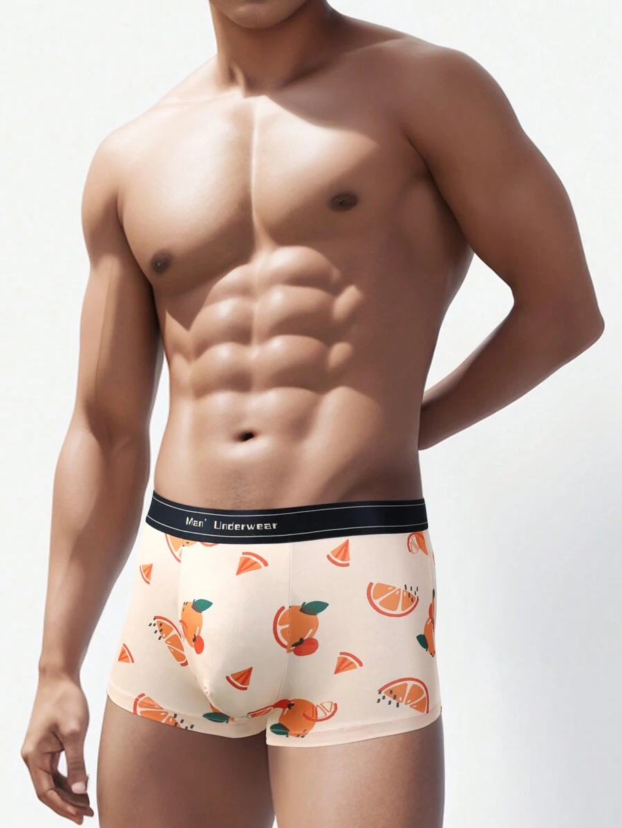 Funny Cute Men's Fruit Print Knitted Fabric Trunks With Medium Stretch - Multicolor - View 1