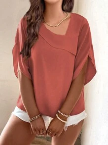 Plus Size Women's Plain Asymmetrical Collar Short Sleeve Blouse