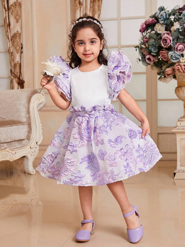 Young Girl Lovely Flower Jacquard Cap Sleeve Shirt With Skirt Two Pieces Set