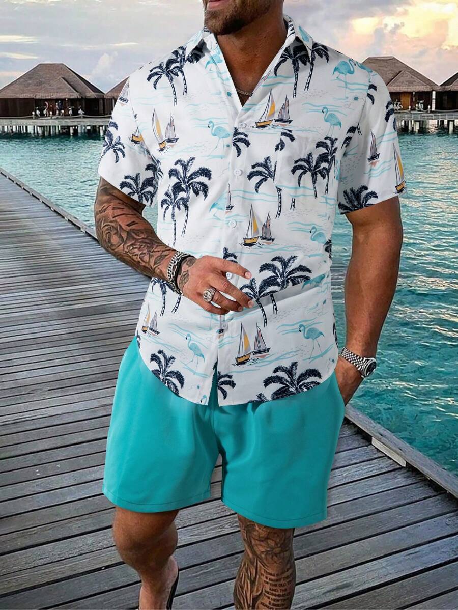 Manfinity RSRT Men's Palm Tree & Sailboat Printed Short Sleeve Shirt And Shorts Set - Cadet Blue - View 1