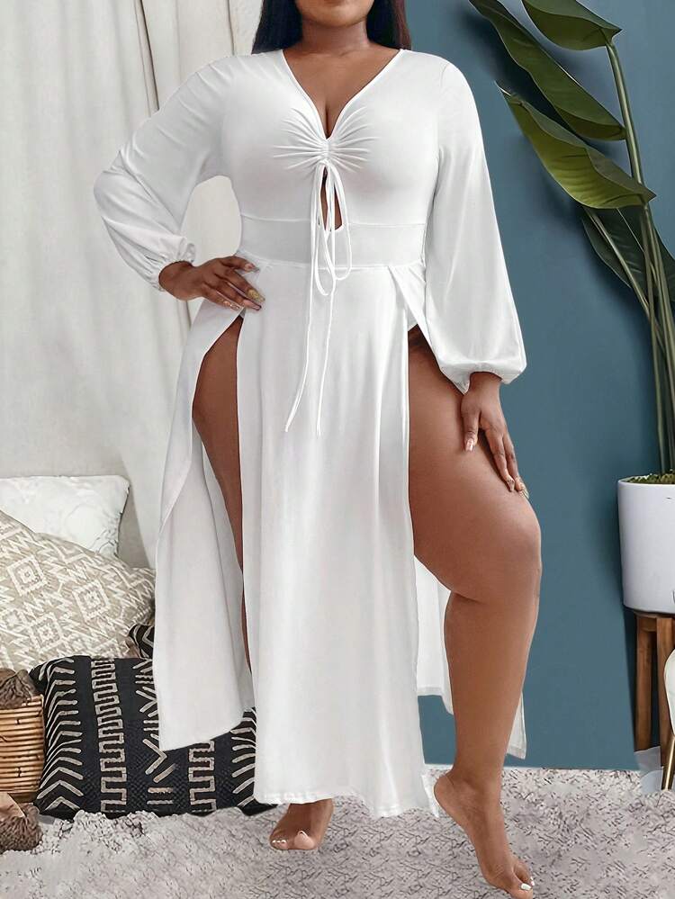Plus Size Lantern Sleeve High-Split Hem Dress Fall Cloth For Women