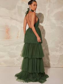 Hauture Women's Multi-Layer Ruffle Hem Halterneck Dress - Green - View 2