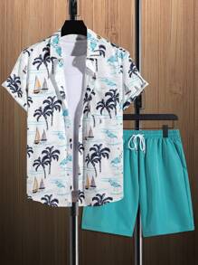 Manfinity RSRT Men's Palm Tree & Sailboat Printed Short Sleeve Shirt And Shorts Set - Cadet Blue - View 3