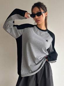 DAZY Color Block Long Raglan Sleeve T-Shirt With Star Pattern Y2k Long Sleeve Women Tops - Multicolor - View 6