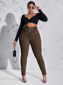 SHEIN SXY 大尺寸純色釦扣緊身牛仔褲 - 棕色 - 查看 4