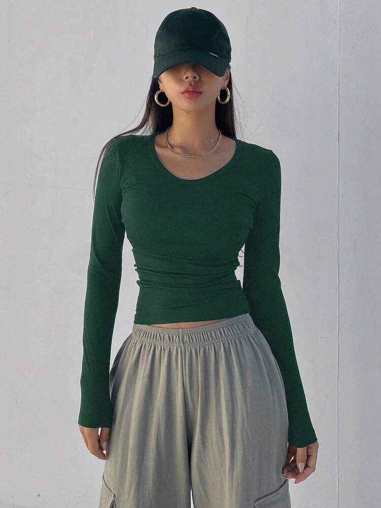 Solid Color Round Neck Ribbed Slim Fit Long Sleeve T-Shirt,Fall Clothes