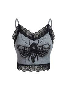 Robin Artist Dark Plus Size Cropped Slim Fit Contrast Lace Camisole Top, For Summer, Holiday, Vacation, Spring, Beach, Going Out, Festival, Ibiza Fits