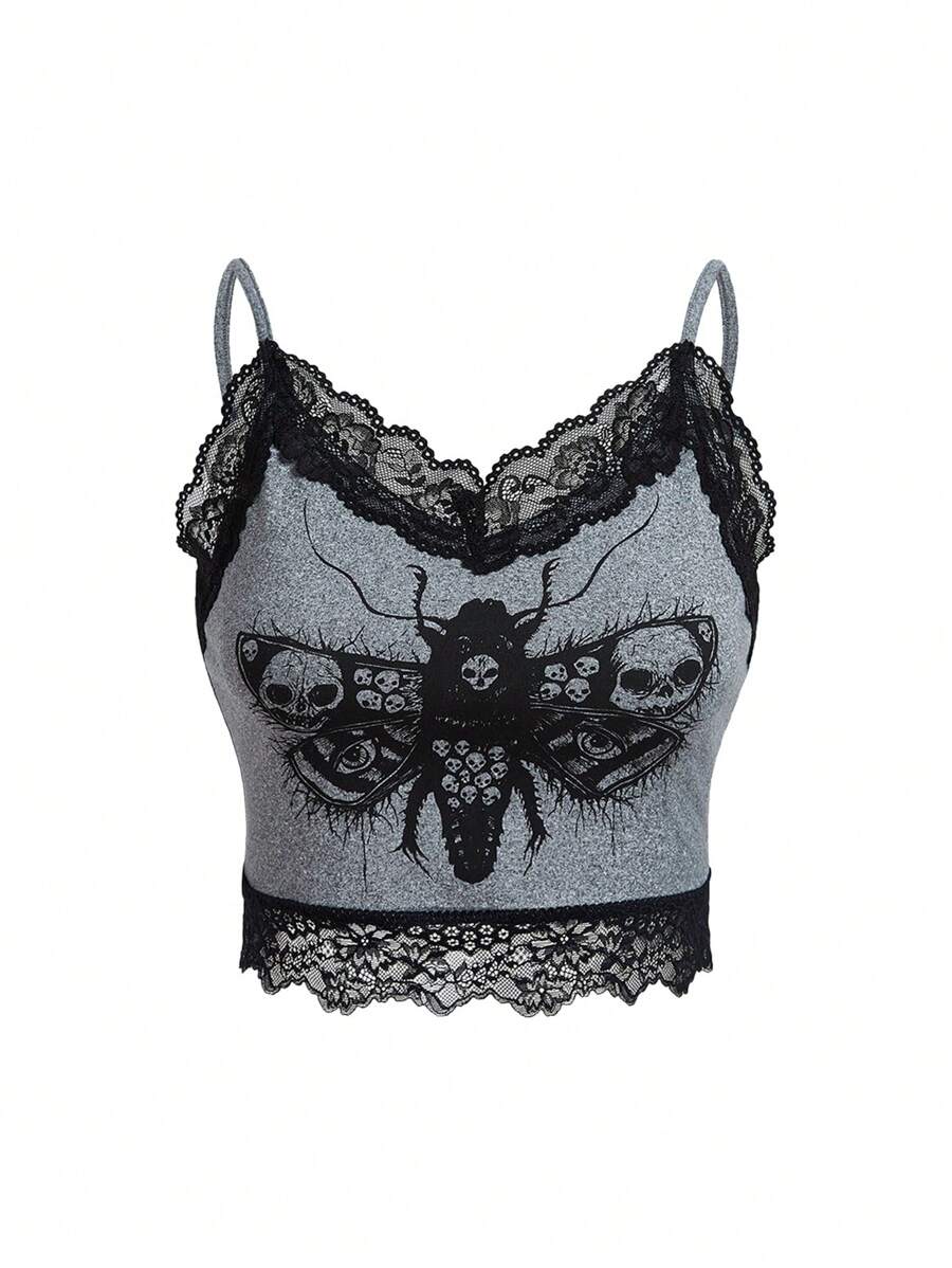 Robin Artist Dark Plus Size Cropped Slim Fit Contrast Lace Camisole Top, For Summer, Holiday, Vacation, Spring, Beach, Going Out, Festival, Ibiza Fits