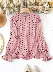 SHEIN Clasi Kích thước lớn Của phụ nữ Hình vết tròng Polka Đứng cổ áo Áo sơ mi - Hồng - Xem 2