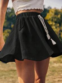 Breezaya Màu thuần Dây rút Xù Hoa Sen Quần short - màu đen - Xem 1