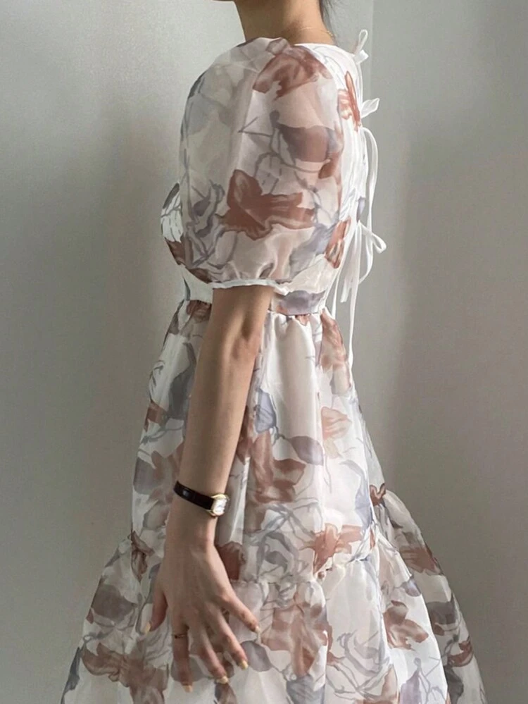 Floral Print Back Cross Strap Elegant Dress Sundress Vacation Outfits Women Easter Dress Boho