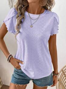 SHEIN LUNE Casual Hollow Out Embroidery Round Neck Short Sleeve T-Shirt - Mauve Purple - View 4