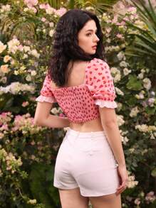GENKIRA Blusa con estampado de corazones franceses dulces y mangas abullonadas con volantes para mujeres - Multicolor - Ver 2
