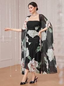 Modelyn 花卉印花抹胸连衣裙和斗篷夹克套装 2 件套 - 黑色 - 查看 6