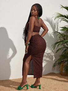 Slaydiva 2 Miếng Của phụ nữ Chi tiết Ruffle Không lưng Áo ba lỗ Và Váy midi Bộ , 2024 Gợi cảm bờ biển Kỳ nghỉ In Chất rắn Màu sắc - Cà phê nâu - Xem 2