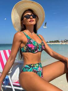 SHEIN Swim 夏季海灘女士熱帶印花比基尼套裝，帶有底托線 - 彩色 - 查看 3