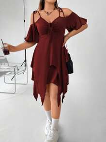 Flirla Plus Size Váy Cami viền bất đối xứng màu trơn - Màu Đỏ Sâu - Xem 1