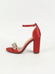 Women's Fashionable New European & American Style Comfort Rhinestone Buckle Vacation Strappy High Heel Roman Thick Heel Party Dance Sandals,Spring Summer Outfits - Red - View 4