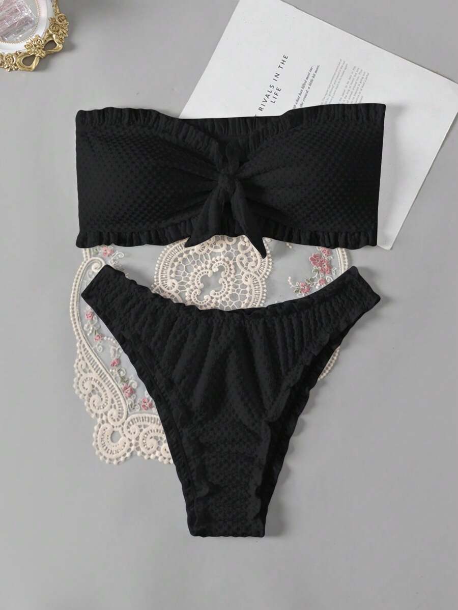 Swim Basics 夏季海滩女士纯色纹理比基尼套装 - 黑色 - 查看 1